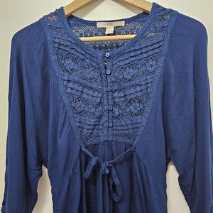 FOREVER 21 Women's Blue Henley Blouse Top 3/4 Sleeve Crochet Front & Back Size M